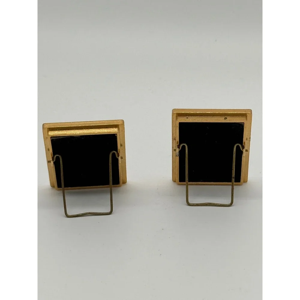Vintage 80s Mini Picture Frames Black Enamel Gold Scalloped Desk Decor Pair